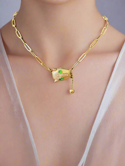 Green Panther Neck Pendant 14K Gold Plated